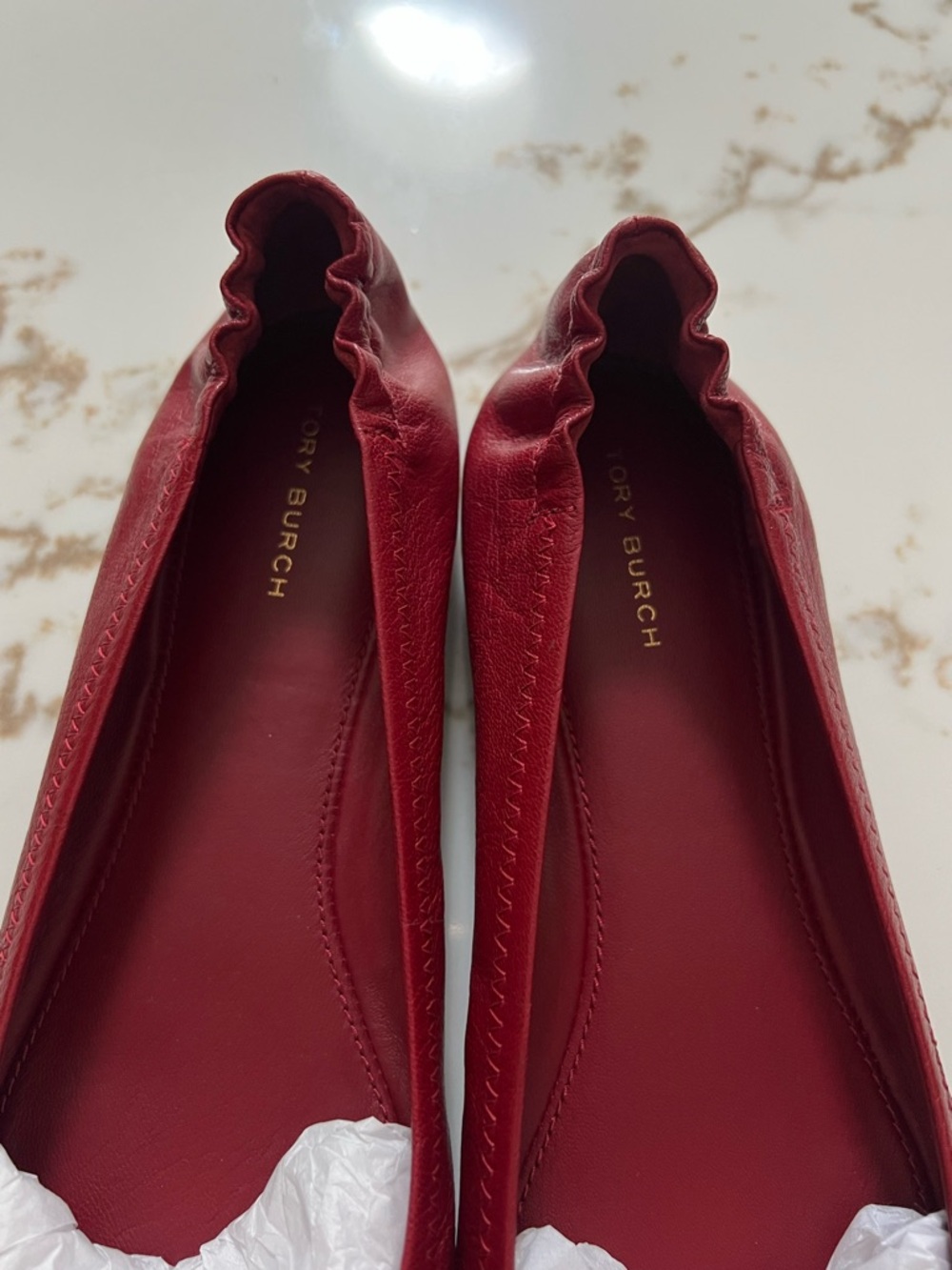 Tory Burch Burgundy Leather Logo Ballet Flats - Picture 3 of 5